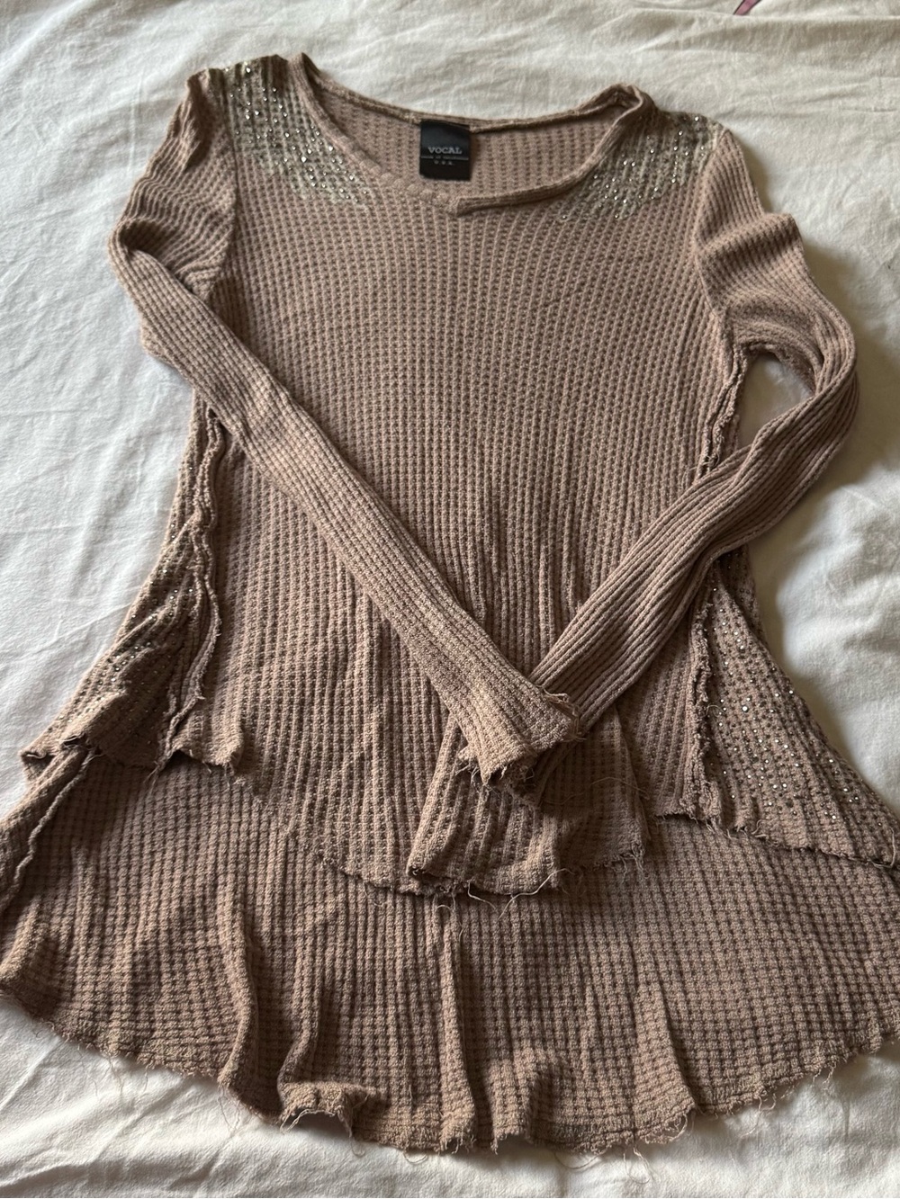 Y2K Vocal Taupe Knit Waffle Sweater with Stud Detail